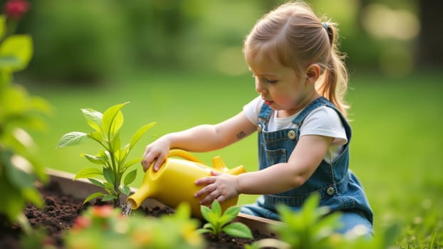 With joy on her face, a young girl gently waters lush green plants in her garden, surrounded by blooming flowers under the warm afternoon sun. This moment reflects her love for nature.
