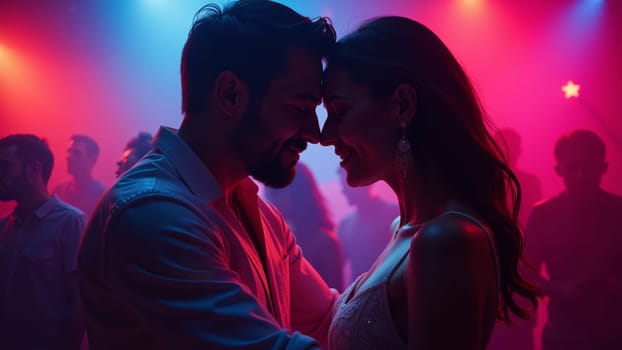 A couple sways closely together amidst a lively crowd in a nightclub, illuminated by vibrant, colorful lights. The atmosphere is electric, filled with laughter and music.