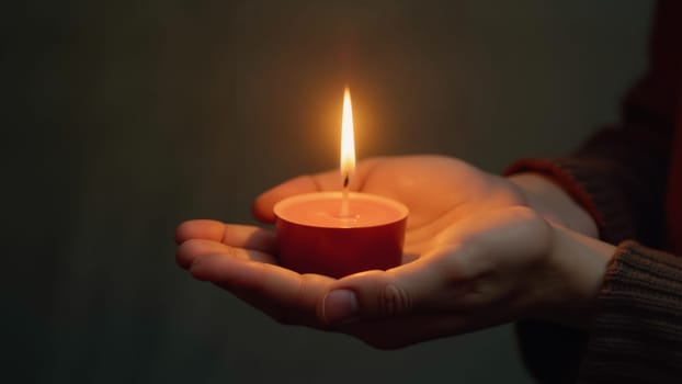 A soft candlelight glimmers delicately in an open hand, casting a serene glow around the fingertips. The atmosphere feels tranquil and intimate, ideal for reflection.