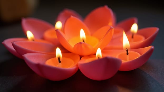 A beautiful lotus-shaped arrangement of candles casts a warm, inviting glow in the dim evening light, creating a tranquil atmosphere perfect for relaxation or meditation.