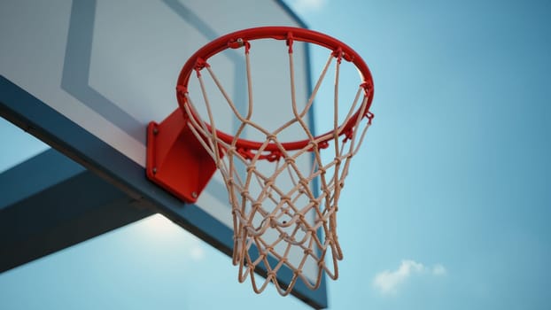 The bright basketball hoop hangs against a serene blue sky, its net gently swaying in the breeze, inviting players for a friendly match or practice on a warm afternoon.
