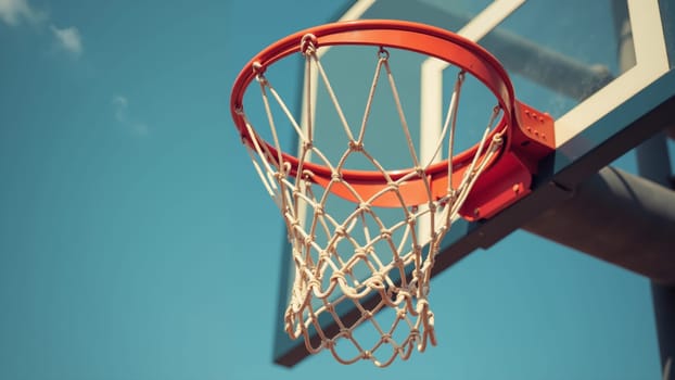 The bright basketball hoop hangs against a serene blue sky, its net gently swaying in the breeze, inviting players for a friendly match or practice on a warm afternoon.