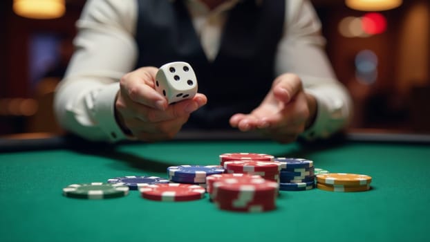 A player focuses intently on the dice in hand, surrounded by a colorful array of poker chips on a green felt table. The atmosphere is vibrant and alive with anticipation for the game.