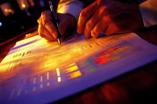 A close-up view of hands writing on a financial document, showcasing vibrant charts and data in a professional office setting illuminated by warm light.