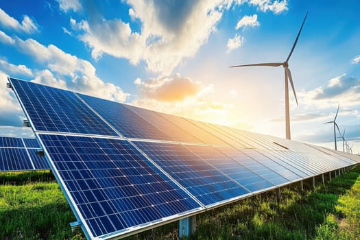 Stunning view of a solar farm set in a desert landscape, featuring rows of solar panels and wind turbines against a dramatic sunset sky, highlighting renewable energy efforts.