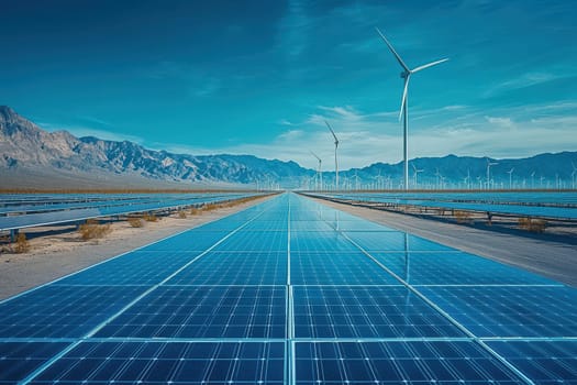 Explore the breathtaking view of a vast solar farm situated in the desert, highlighting cutting-edge technology and a commitment to sustainable energy. The scene captures tranquility and innovation.