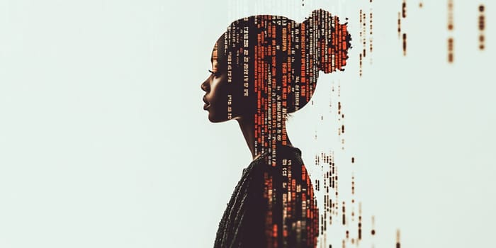 Silhouette of a woman with binary code overlay suggesting concepts such as artificial intelligence, data science and machine learning