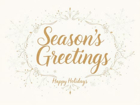Elegant gold lettering wishing season's greetings, surrounded by delicate snowflakes and floral accents, evokes the warmth and joy of winter holidays