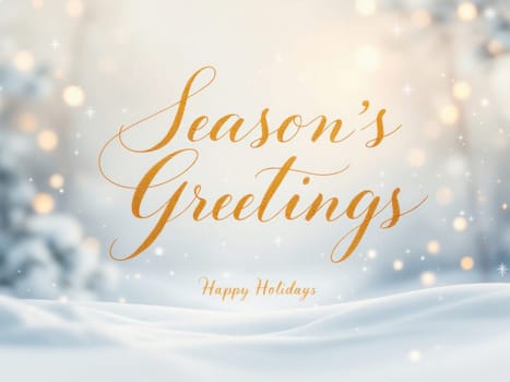 Elegant season's greetings gold text over a beautiful snowy winter wonderland background with bokeh lights, perfect for a christmas card