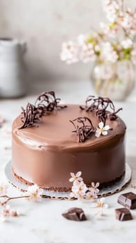 Delicious chocolate cake decorated with chocolate shavings and spring flowers