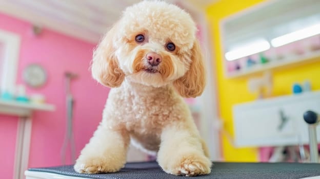 Small, fluffy poodle puppy standing on a grooming table in a colorful pet salon, ready for a stylish makeover