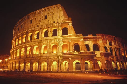 The colosseum in rome, italy, stands majestically illuminated at night, showcasing its ancient architecture