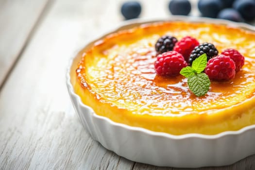 Creamy creme brulee topped with fresh raspberries, blackberries, and mint, served in an elegant white dish