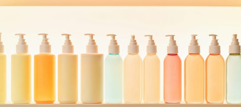 Variety of colorful cosmetic bottles with pump dispensers arranged on illuminated shelf, showcasing gradient effect