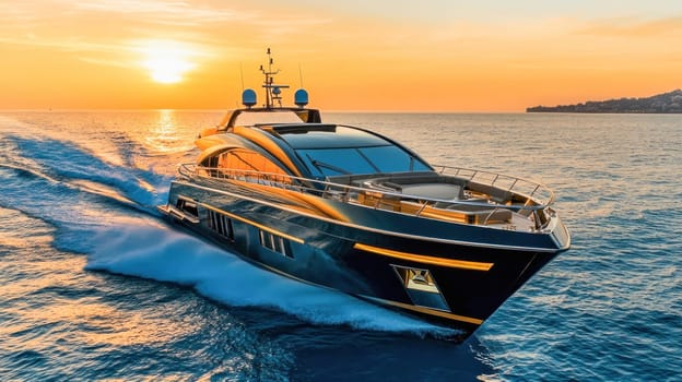 Modern yacht cruising on the ocean at sunset, creating a luxurious and relaxing atmosphere