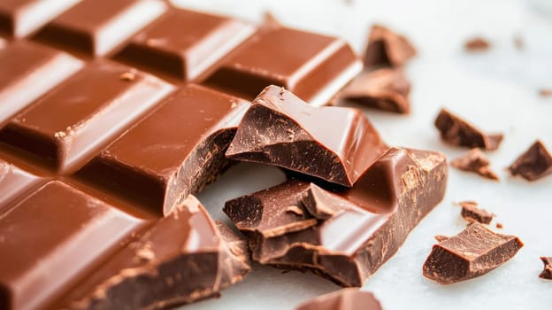 Pieces of a milk chocolate bar are laying on a white marble surface