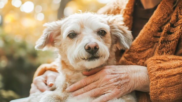 Senior woman holding her small dog, enjoying a peaceful moment outdoors in the fall season