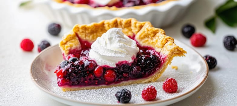 Enjoying a slice of freshly baked mixed berry pie topped with whipped cream