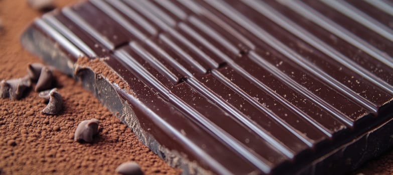 Close up of a dark chocolate bar lying on cocoa powder, creating a tempting image of indulgence