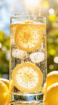 Sparkling water with lemon slices and ice cubes is refreshing on a hot summer day