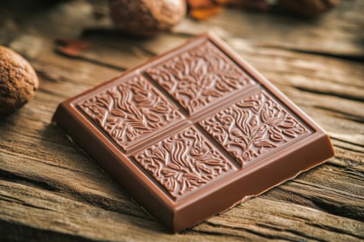 Gourmet chocolate bar with an elegant floral design, placed on a rustic wooden surface, exuding luxury and indulgence