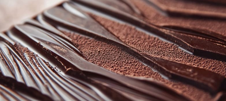 Close up of a gourmet chocolate bar, displaying a mesmerizing wavy pattern and rich cocoa powder dusting