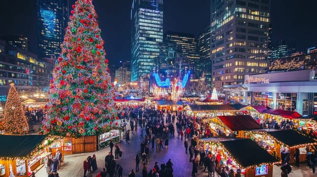 Tourists visiting the vibrant christmas market at place ville marie in montreal, enjoying festive atmosphere
