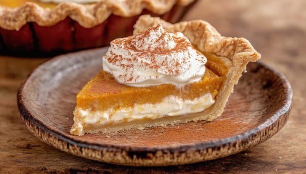 Delicious slice of pumpkin pie topped with whipped cream and a sprinkle of cinnamon, sitting on a rustic wooden plate