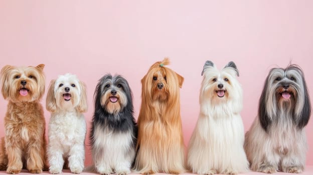 Six cute dogs sitting and posing on a pink background