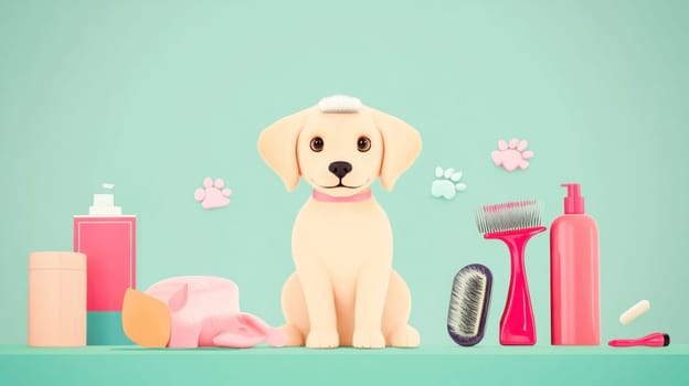 Adorable puppy sitting amidst grooming supplies, showcasing pet care and pampering