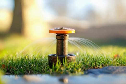 Irrigation sprinkler watering green grass in garden during sunset