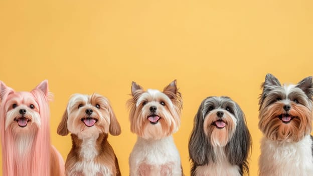 Five small dogs with different hairstyles panting and smiling on a yellow background
