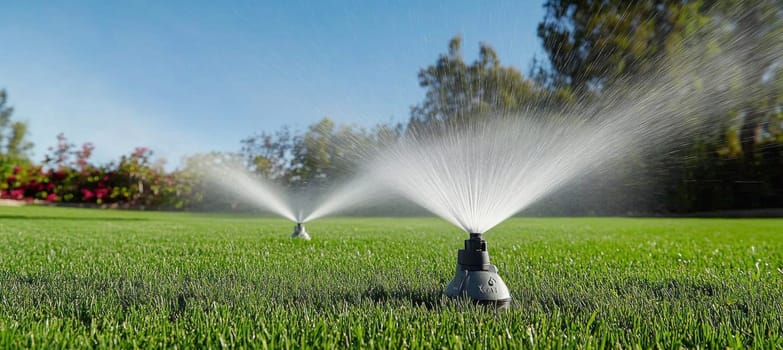 Automatic sprinkler watering green grass lawn in backyard garden