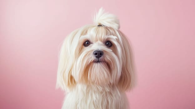 Cute white dog with hair tied up looking forward on a pink background