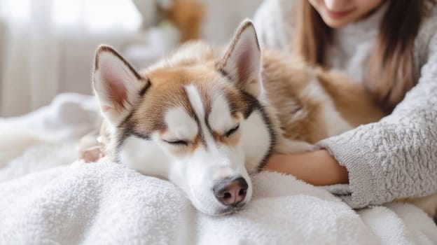 Siberian husky puppy sleeping on a white blanket while its owner pets it