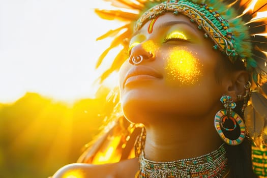 Young woman with closed eyes and colorful makeup wearing a feathered headdress enjoying sunset light