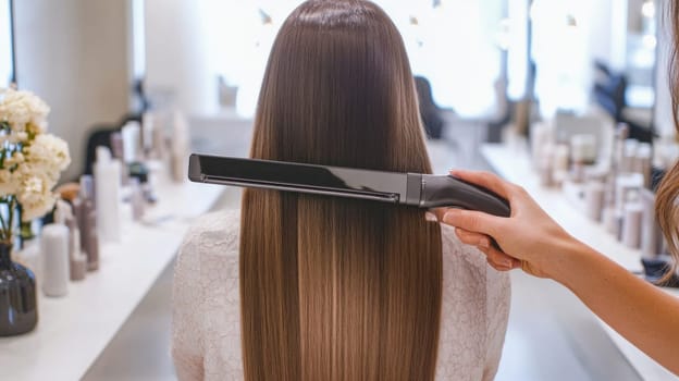 Hairdresser using hair straightener on long, brown hair in salon, creating a smooth and sleek hairstyle