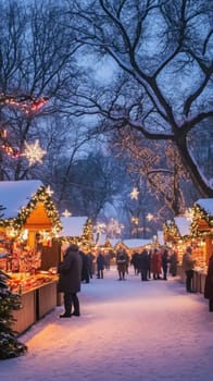 Shoppers browsing illuminated christmas market stalls in snowy city park at dusk