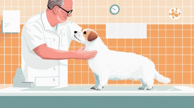 Senior veterinarian examining a small white dog standing on examination table in veterinary clinic