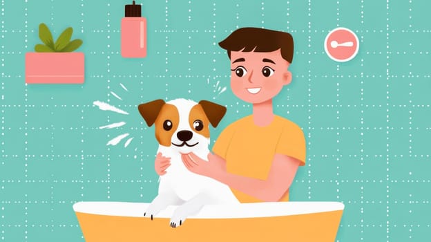 Smiling boy washing his happy jack russell terrier dog in a bathtub, hygiene and care for domestic animals