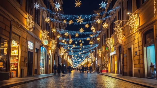 Christmas lights creating a magical atmosphere in a narrow street in rome, italy