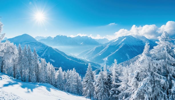 Stunning winter landscape featuring snow covered trees and majestic mountain peaks under a clear blue sky