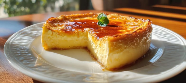 Creamy, rich basque burnt cheesecake with caramelized crust, topped with fresh mint, served on a white plate