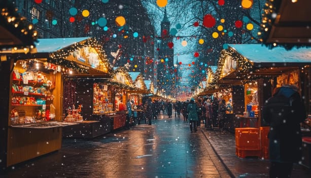 People walking between illuminated christmas market stalls selling gifts during a snowfall at twilight