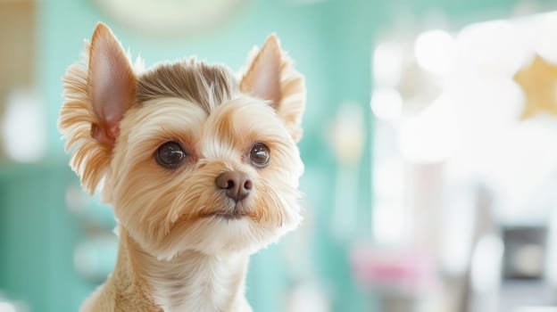 Close up portrait of an adorable yorkshire terrier with a stylish haircut, posing in a bright, colorful grooming salon