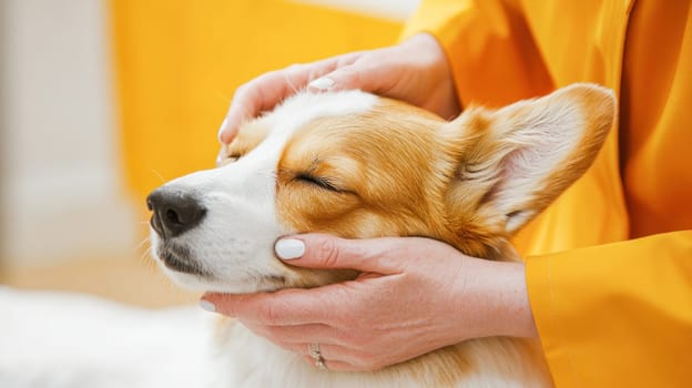 Veterinarian gently examining a relaxed corgi dog's head, providing care and showing affection in a veterinary clinic