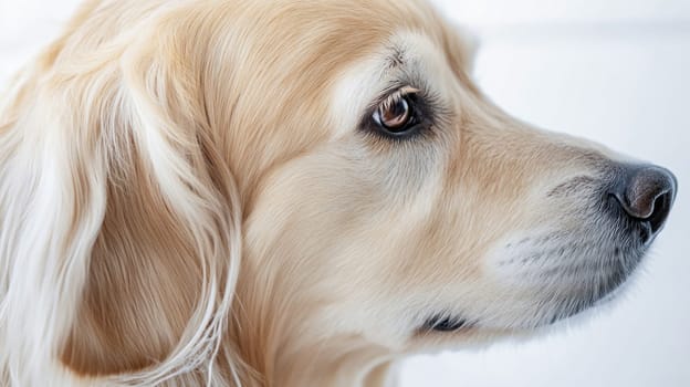 Close up profile of a golden retriever dog highlighting its beautiful fur and gentle expression