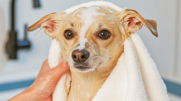 Veterinarian drying little wet dog with white towel after a bath in clinic