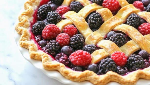 Freshly baked mixed berry pie with a lattice crust, showcasing vibrant raspberries, blackberries, and blueberries