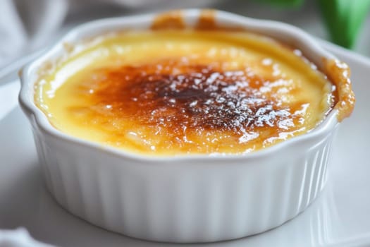 Sweet custard dessert with brittle caramelized sugar topping, served in white ramekin on a plate, ready to be enjoyed